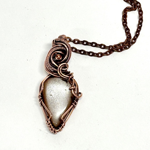 Artisan Jewelry - HAND CRAFTED Gray Moonstone Copper Wire Wrapped Pendant Necklace, Handmade